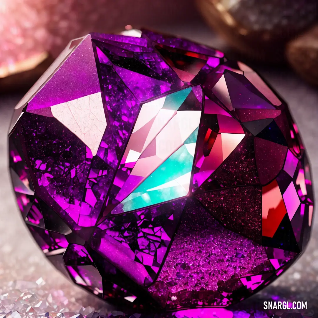Purple diamond on top of a table next to other jewels and stones on a table top with a pink background