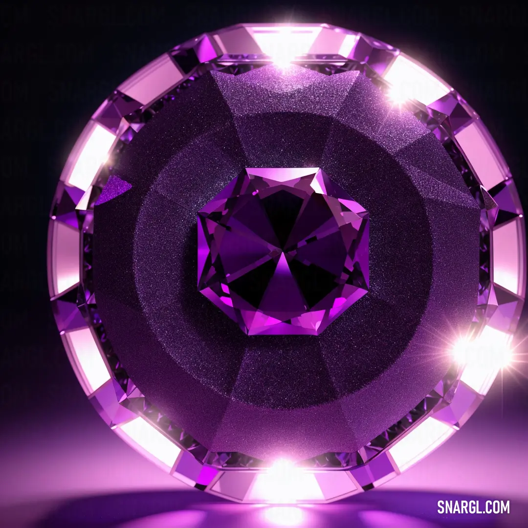 Purple diamond with a purple center surrounded by lights and a black background. Example of Violet-Eggplant color.