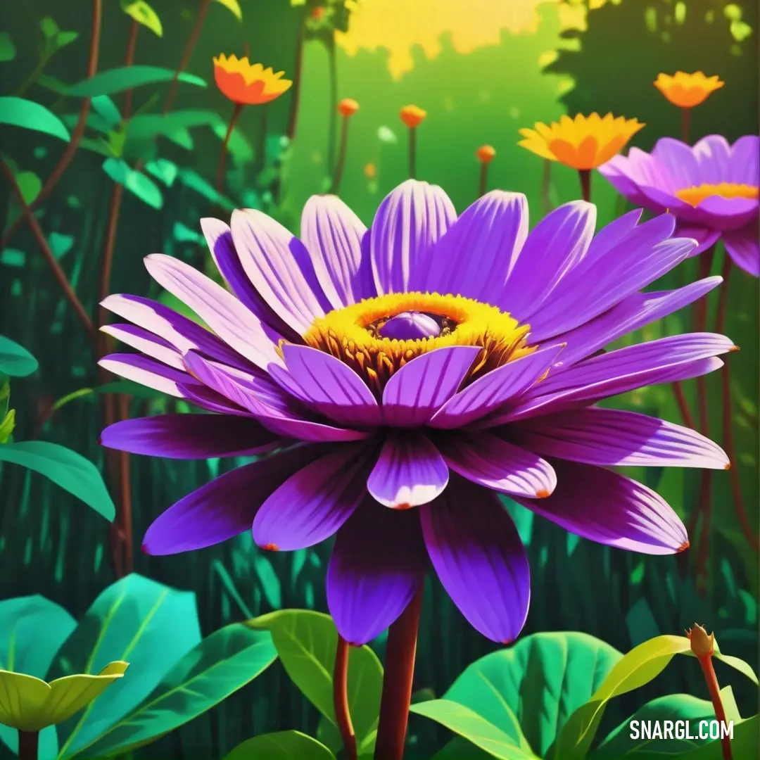 Purple flower with yellow center surrounded by green leaves and flowers in the background with a bright sun in the sky