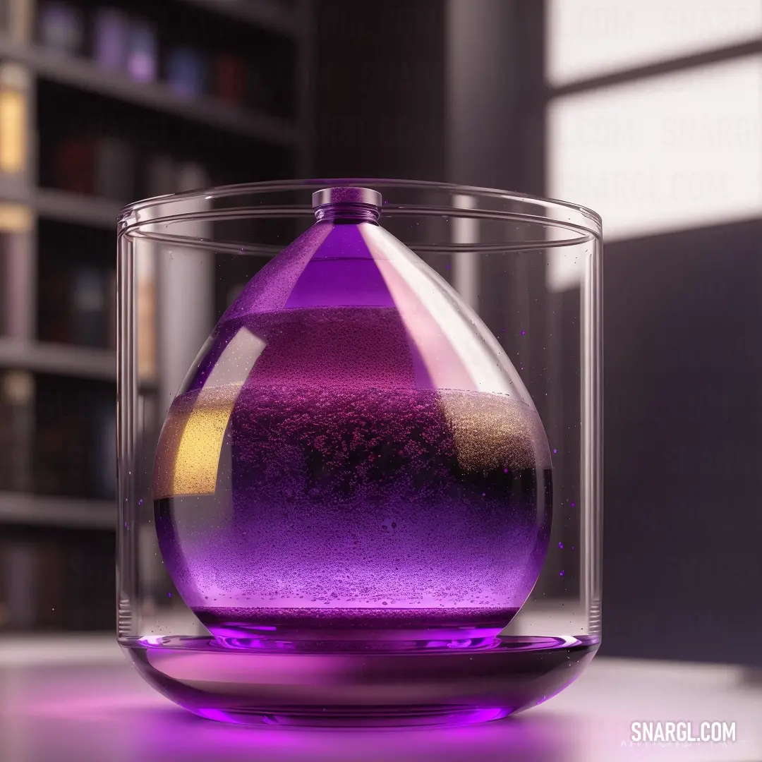 Purple liquid in a glass container on a table with a bookcase in the background. Color RGB 153,17,153.