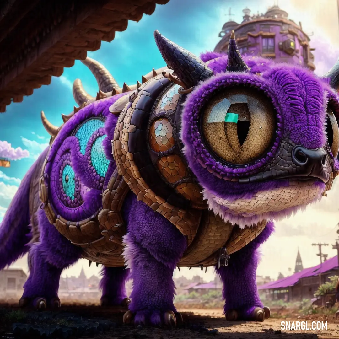 Purple monster with large eyes and horns standing in front of a building with a sky background and a building with a clock tower