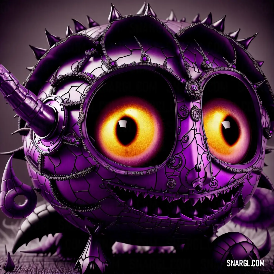 Purple monster with spikes and spikes on its head and eyes, with a black background. Color RGB 153,17,153.