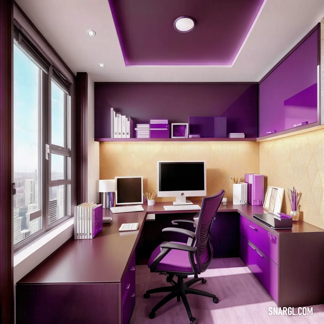 Purple office with a desk and a computer monitor and a keyboard and mouse on it and a window. Color #991199.