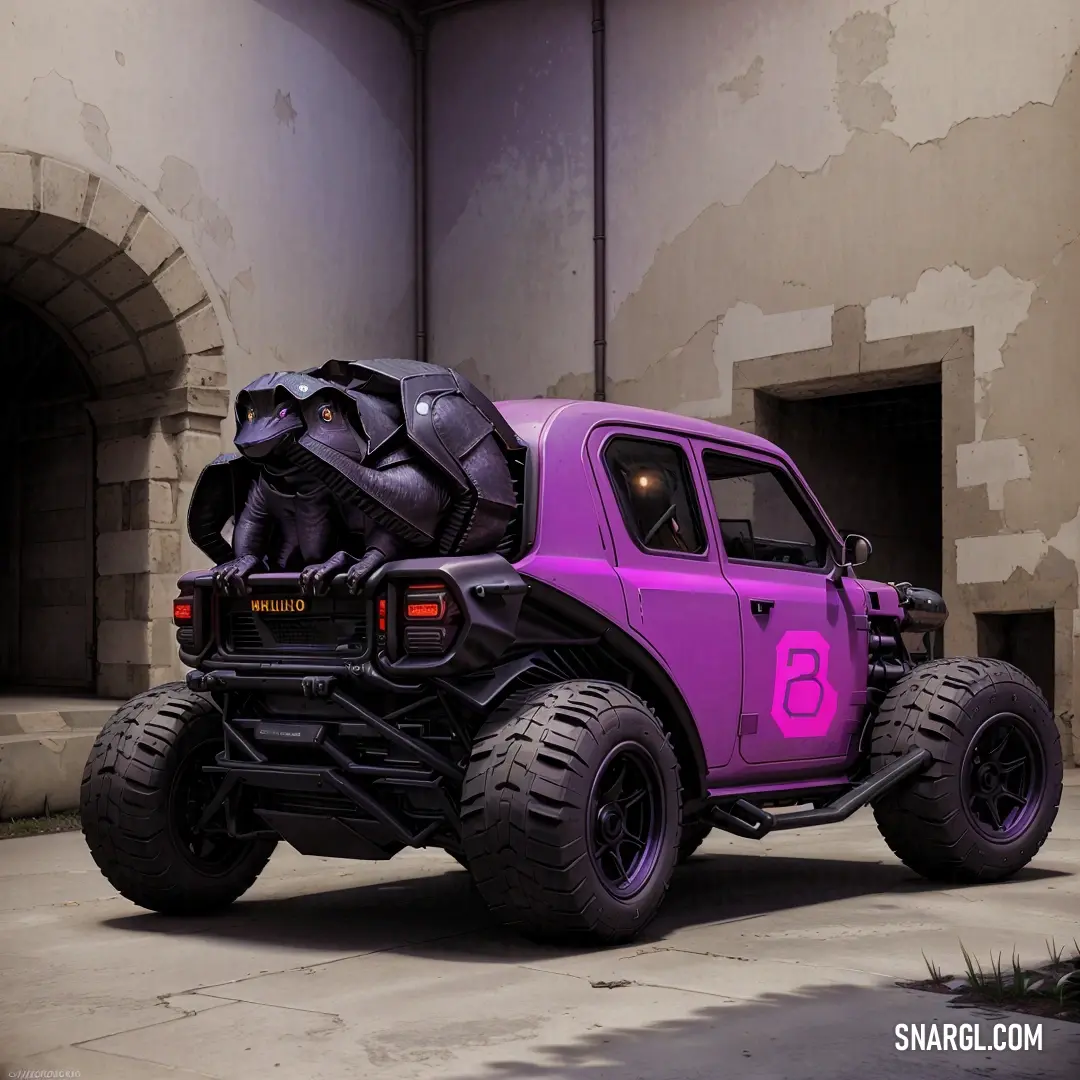 Purple truck with a monster like design on the back of it's bed is parked in front of a building. Color CMYK 0,89,0,40.