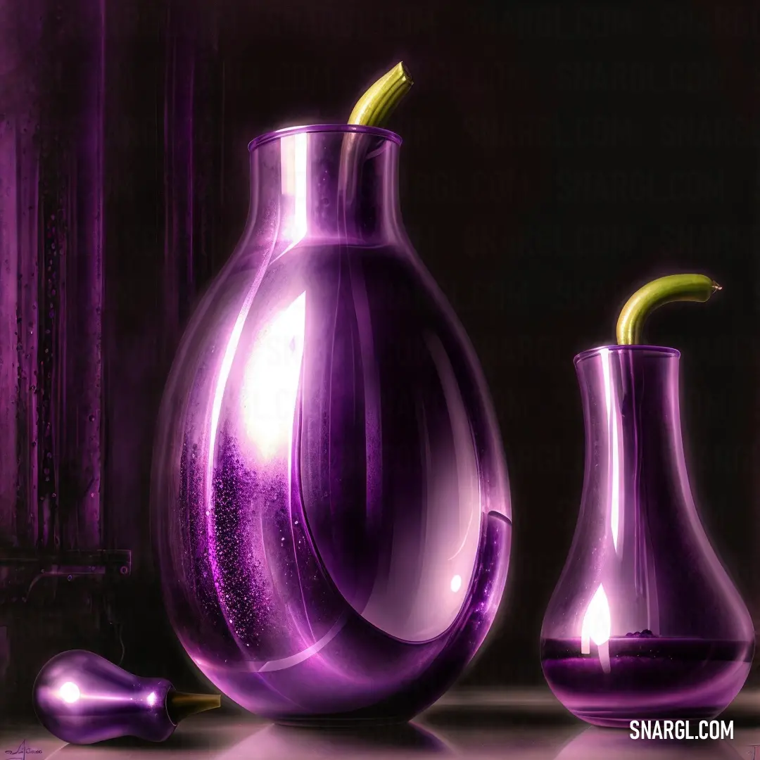 Purple vase and two smaller vases on a table with a purple background. Color RGB 153,17,153.