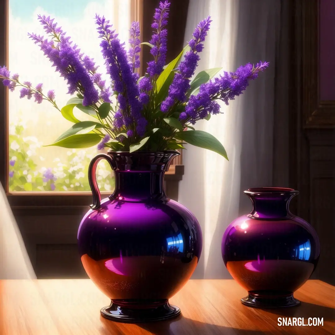 Purple vase with purple flowers in it on a table next to a window with a view of the outside. Color RGB 153,17,153.
