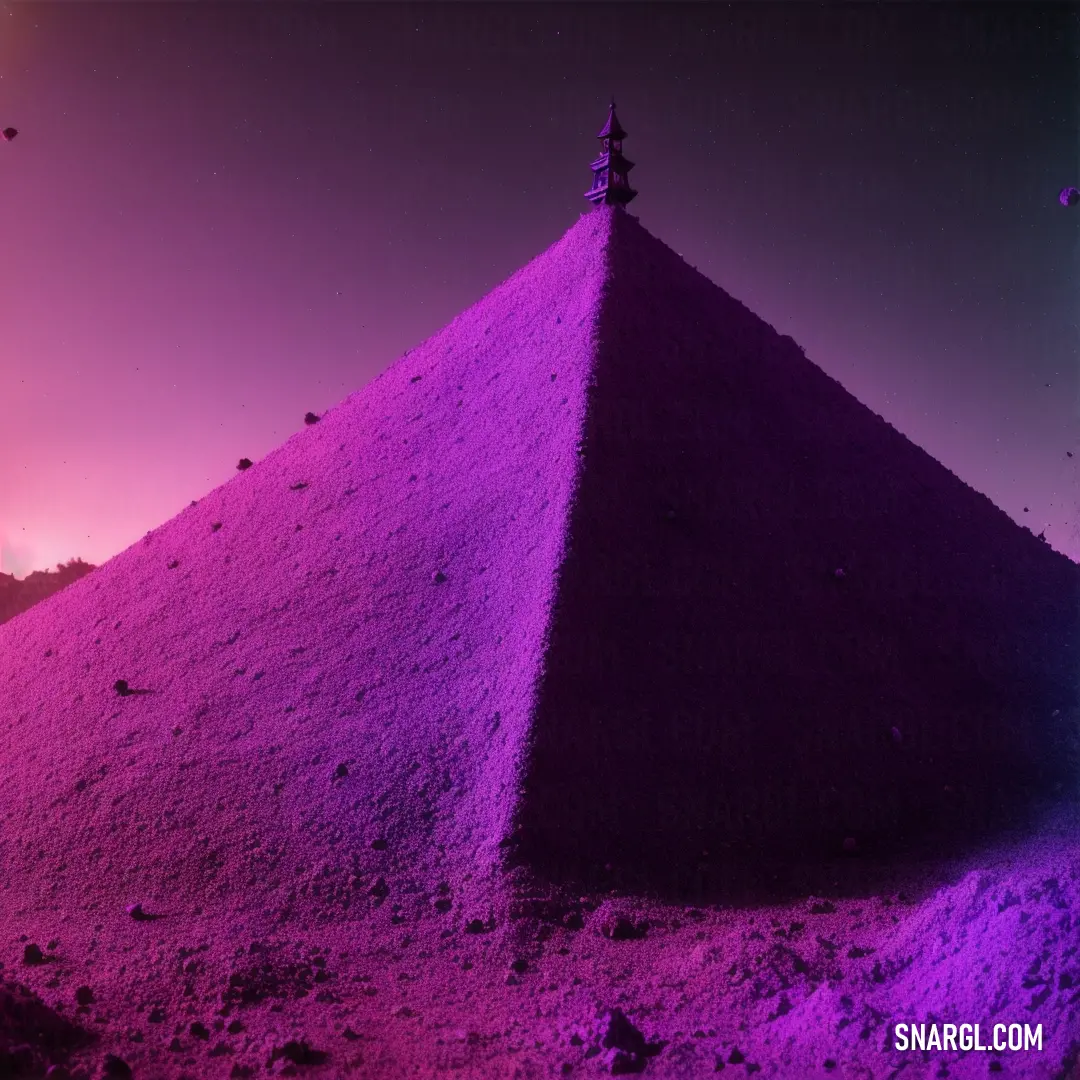 Pyramid with a tree on top of it in the desert at night time with a purple sky and stars. Color Violet-Eggplant.