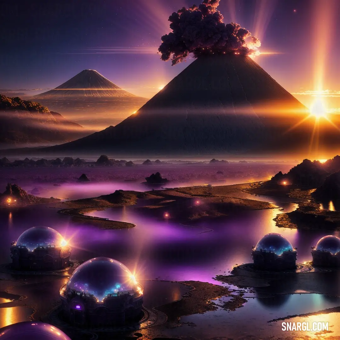 Violet-Eggplant color example: Painting of a volcano with a lot of lights around it and a lake in the foreground