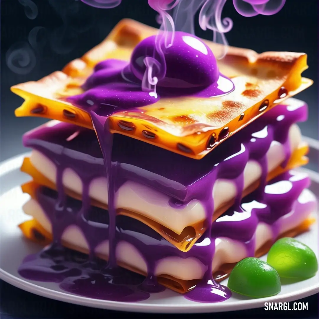 Stack of purple and white desserts on a plate with a lime and a cup of tea in the background. Example of CMYK 0,89,0,40 color.
