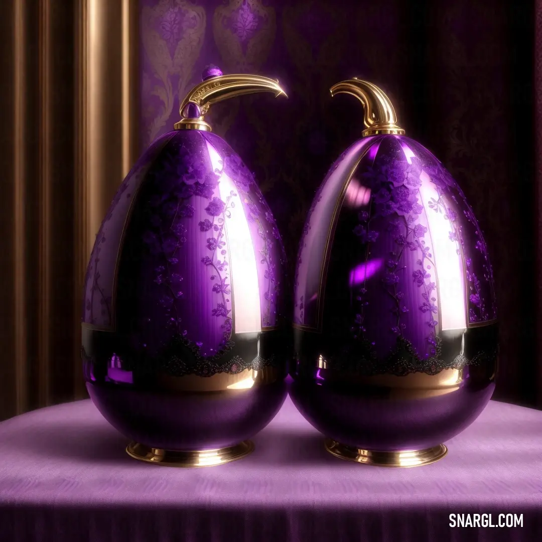 Violet-Eggplant color example: Two purple vases on top of a table next to a purple wallpapered wall with a gold trim