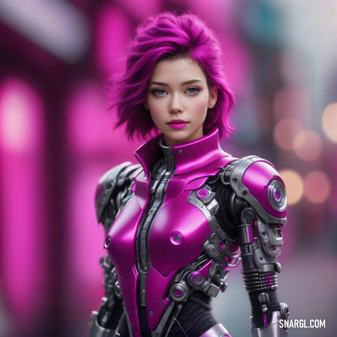 Woman in a futuristic suit with purple hair and blue eyes is posing for a picture in a pink background. Example of CMYK 0,89,0,40 color.