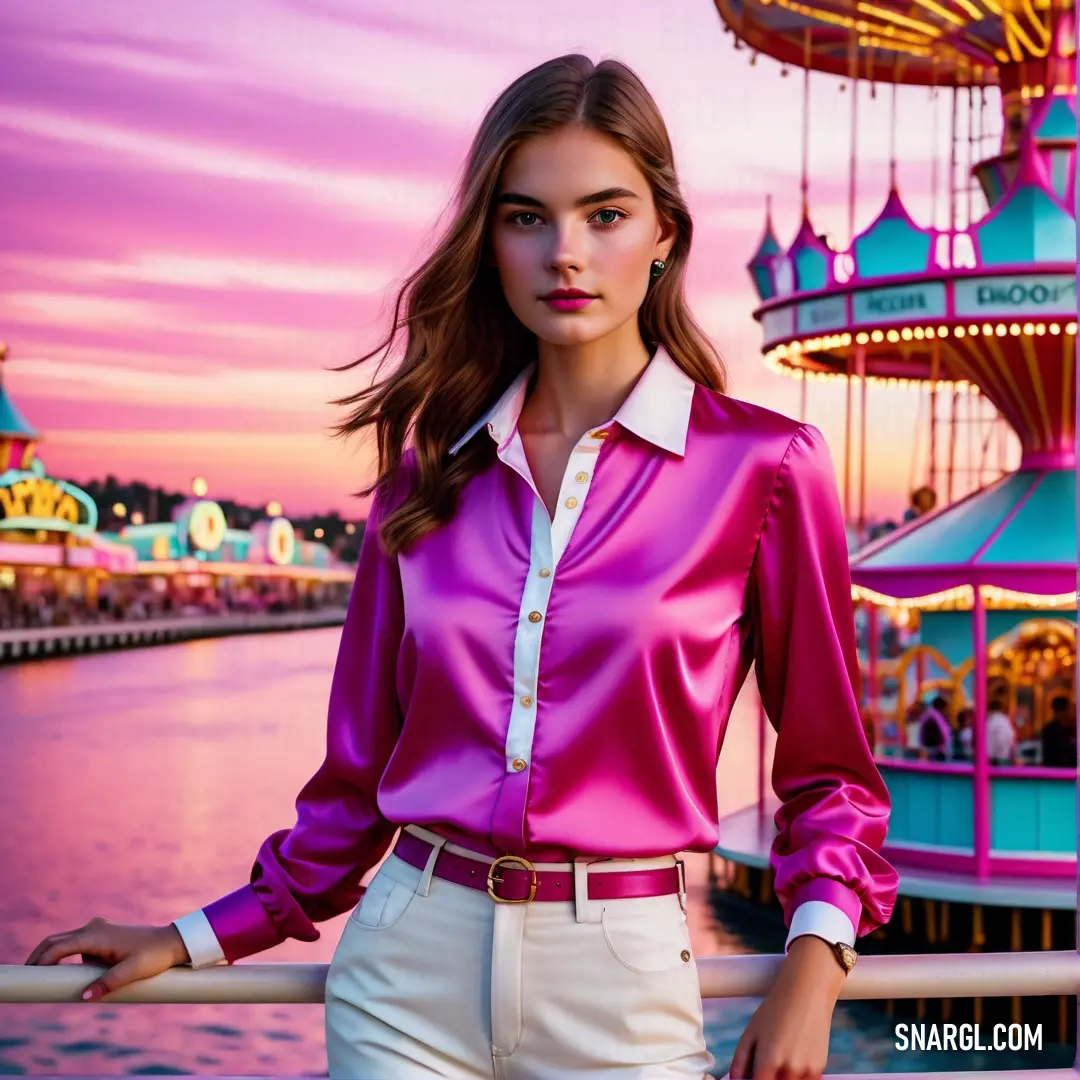 Woman in a pink shirt and white pants standing on a pier near a carousel ride at sunset with a pink sky. Example of RGB 153,17,153 color.