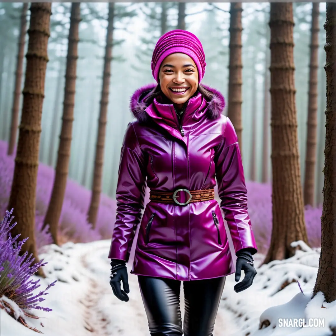 Woman in a purple jacket and black pants walking through a forest with purple flowers and trees in the background