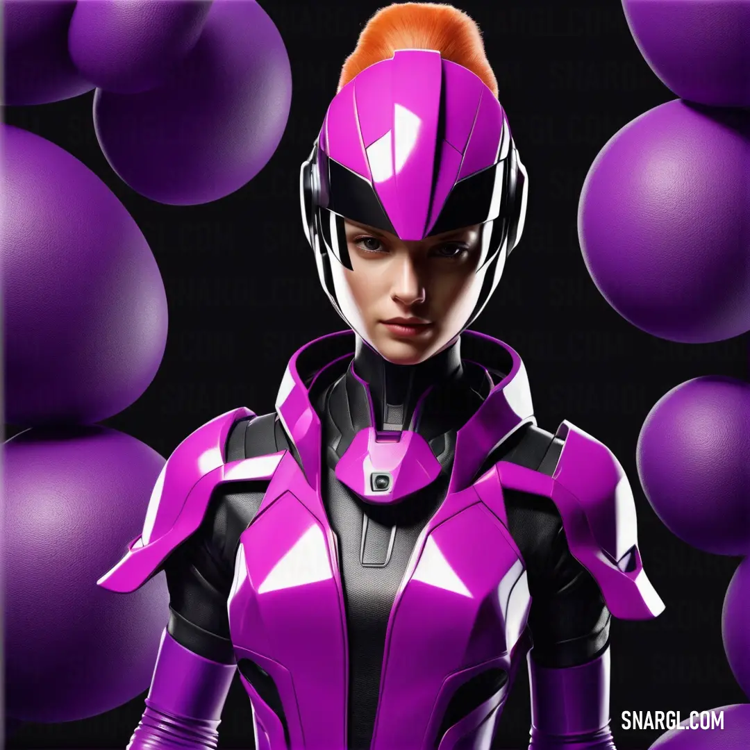 Woman in a purple suit standing in front of purple balloons and balloons behind her is a black background. Example of RGB 153,17,153 color.