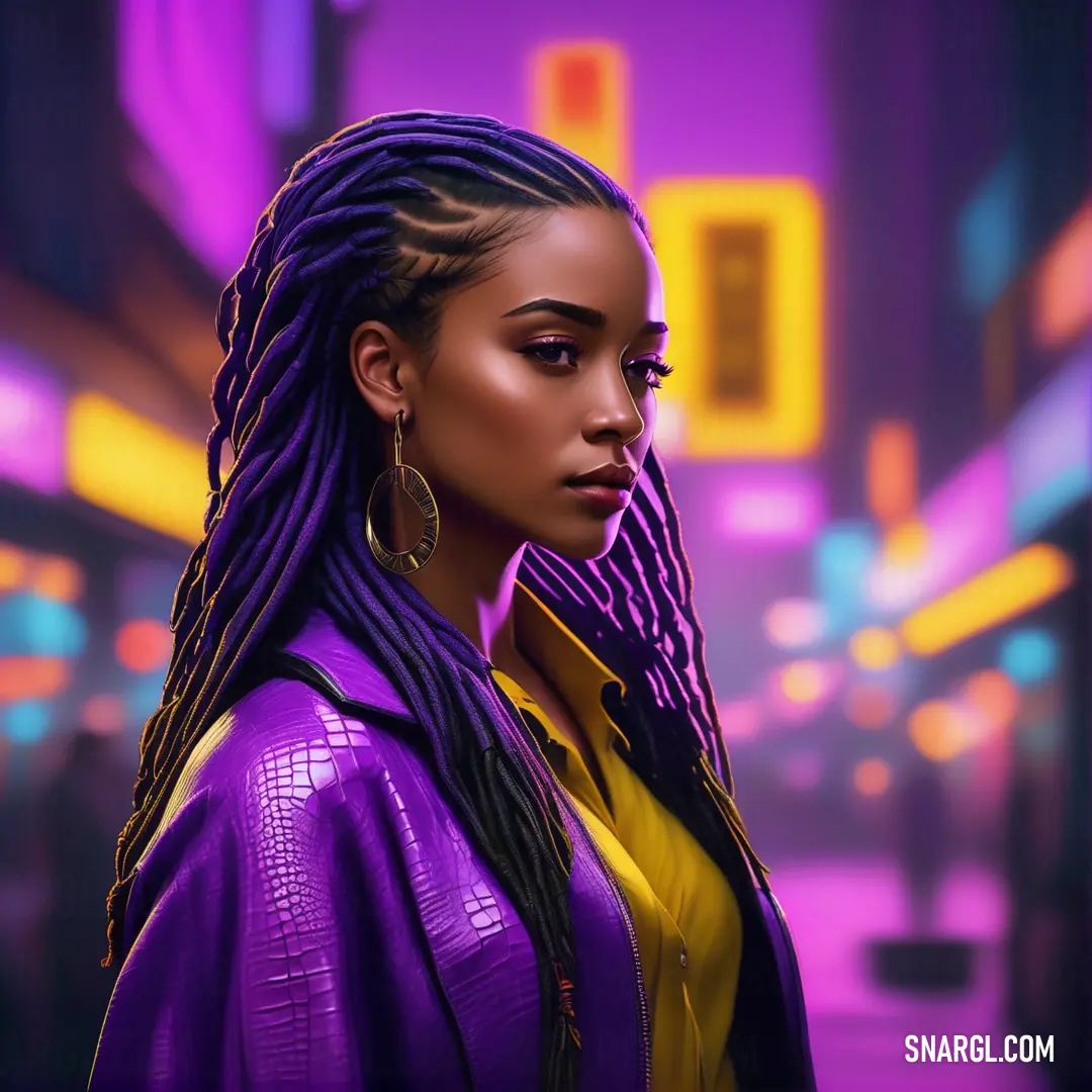 Woman with long braids and a purple jacket in a city setting with neon lights