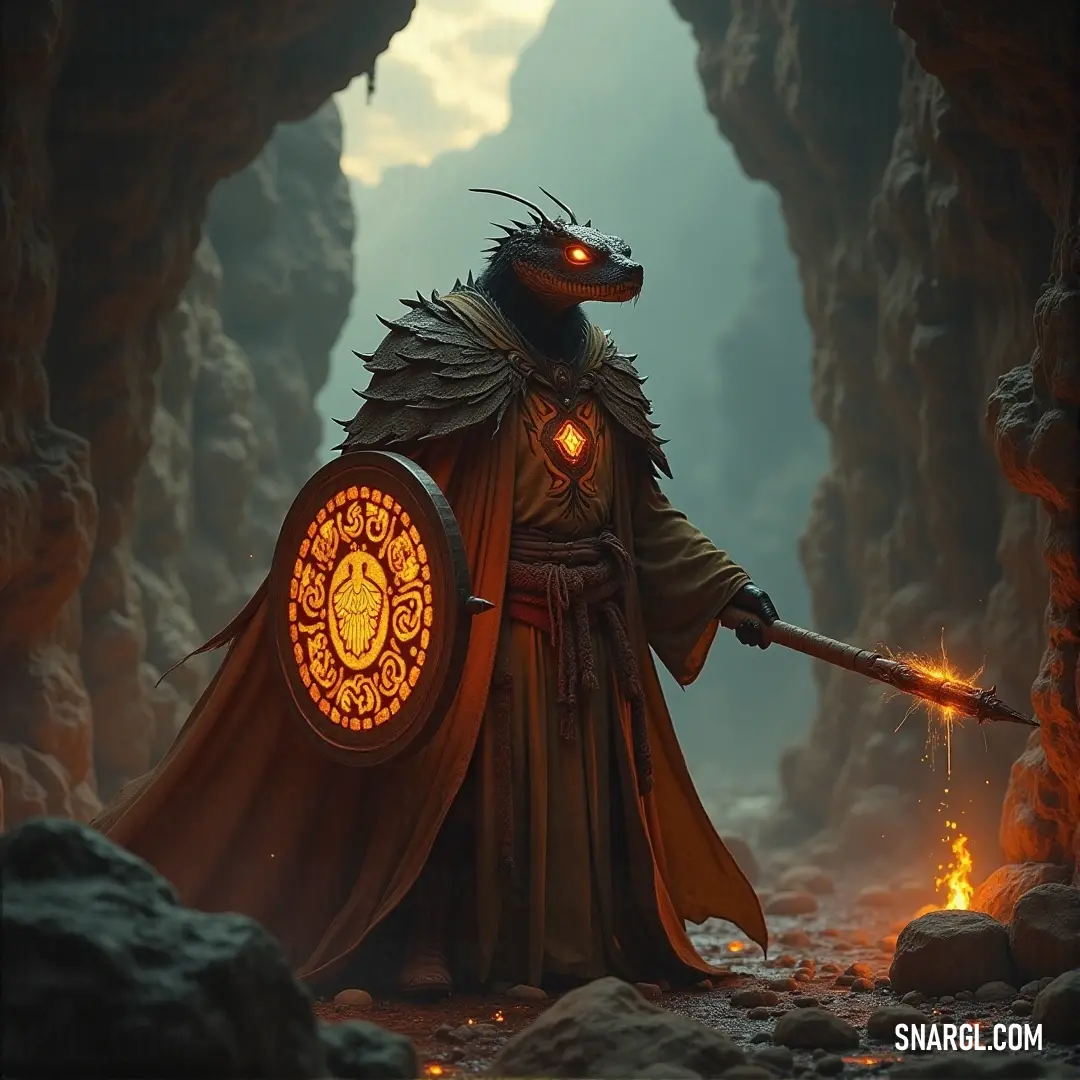In the heart of a cave, the Viper King stands with a glowing light in his hand and a sword at the ready. The fire illuminates the dark surroundings, adding an air of mystery and power to his already commanding figure.