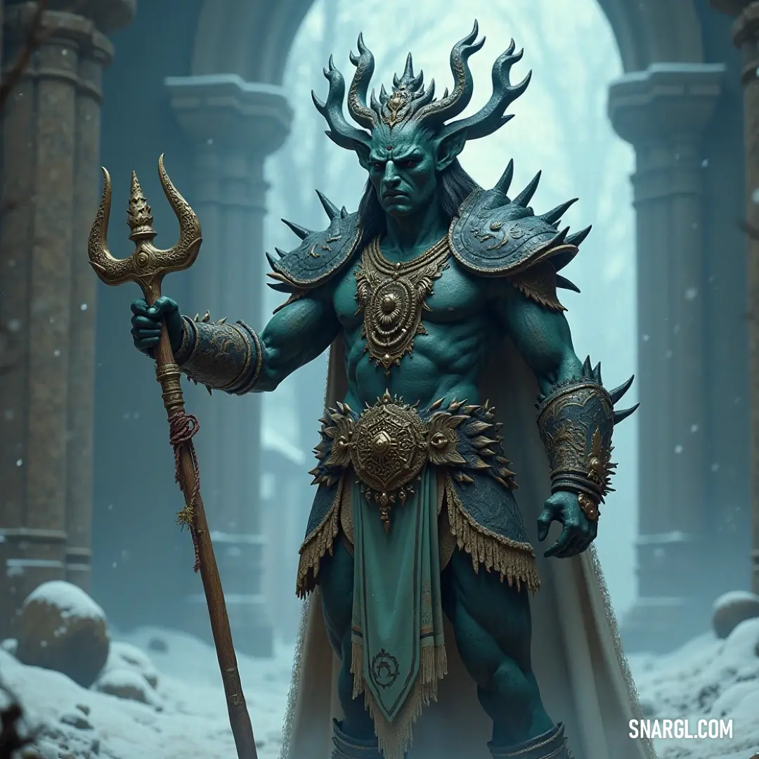 Valiant Male Warrior in a Snowy Realm In a snowy landscape, a valiant male warrior grips a staff in one hand and a sword in the other. The majestic arches around him stand tall against the pristine white, evoking a sense of both history and heroism in a breathtaking environment.