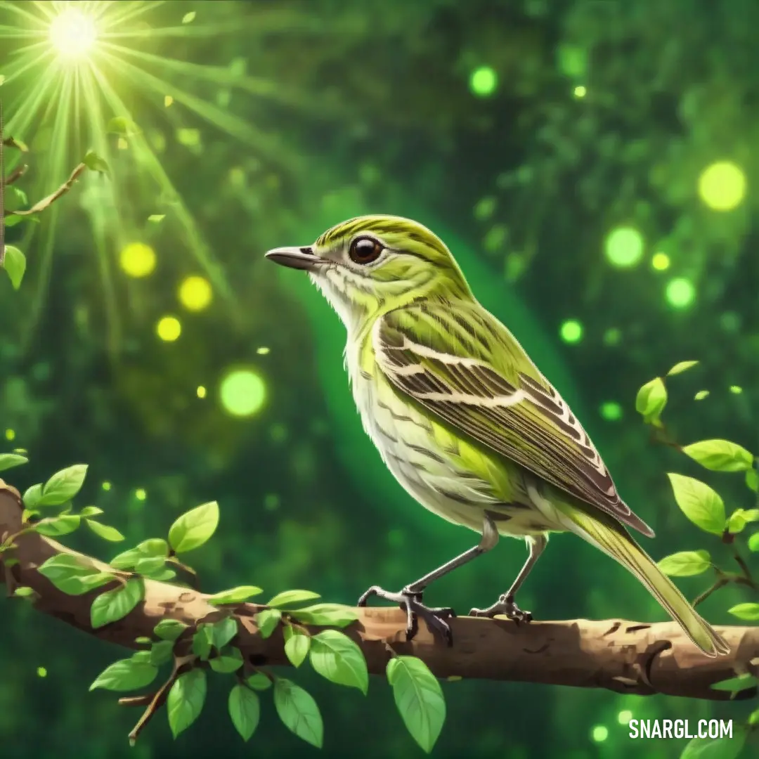 A vireo sits calmly on a branch with green leaves, while bright light streams through the background, adding a radiant glow to the scene.