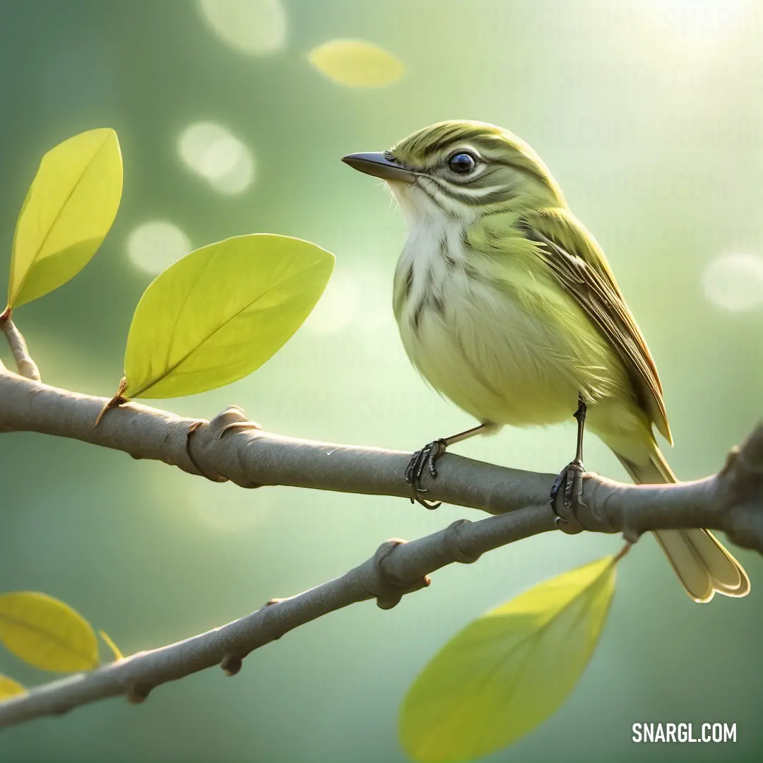 A vibrant small vireo sits perched on a delicate branch, its body nestled among lush green leaves, with a soft, natural green backdrop highlighting its gentle features.