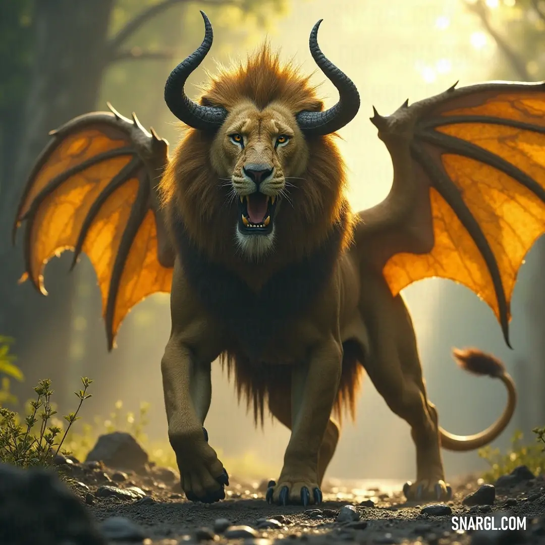 An awe-inspiring Viridian Manticore, boasting majestic horns and grand wings, confidently navigates through a serene forest filled with rich greenery and whispering trees. A magnificent Viridian Manticore with impressive horns and expansive wings strides gracefully through a verdant woodland, embodying power and grace as it traverses nature's lush embrace.