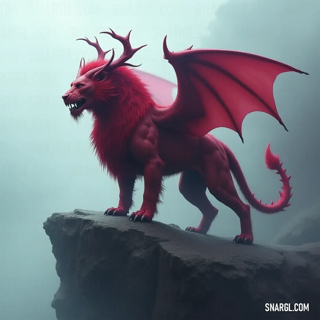 A remarkable red Viridian Manticore statue stands amidst the mist, showcasing detailed craftsmanship with a larger-than-life red Viridian Manticore poised above it. A striking red Viridian Manticore statue sits firmly on a rocky pedestal, enveloped in a mystical fog, while a grand red Viridian Manticore looms above, creating an awe-inspiring display of mythical grandeur.