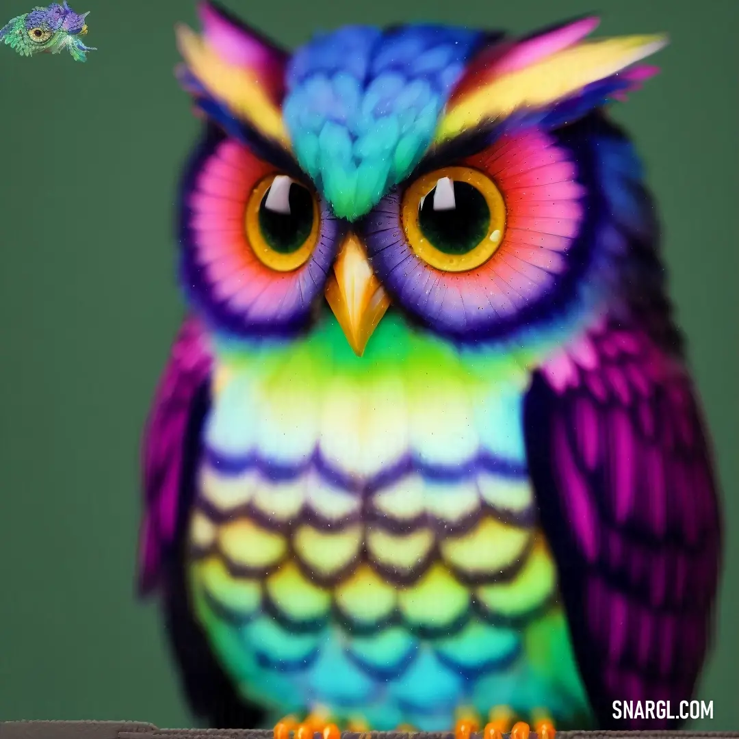 Colorful owl on top of a wooden table next to a green wall and a green background with a white frame