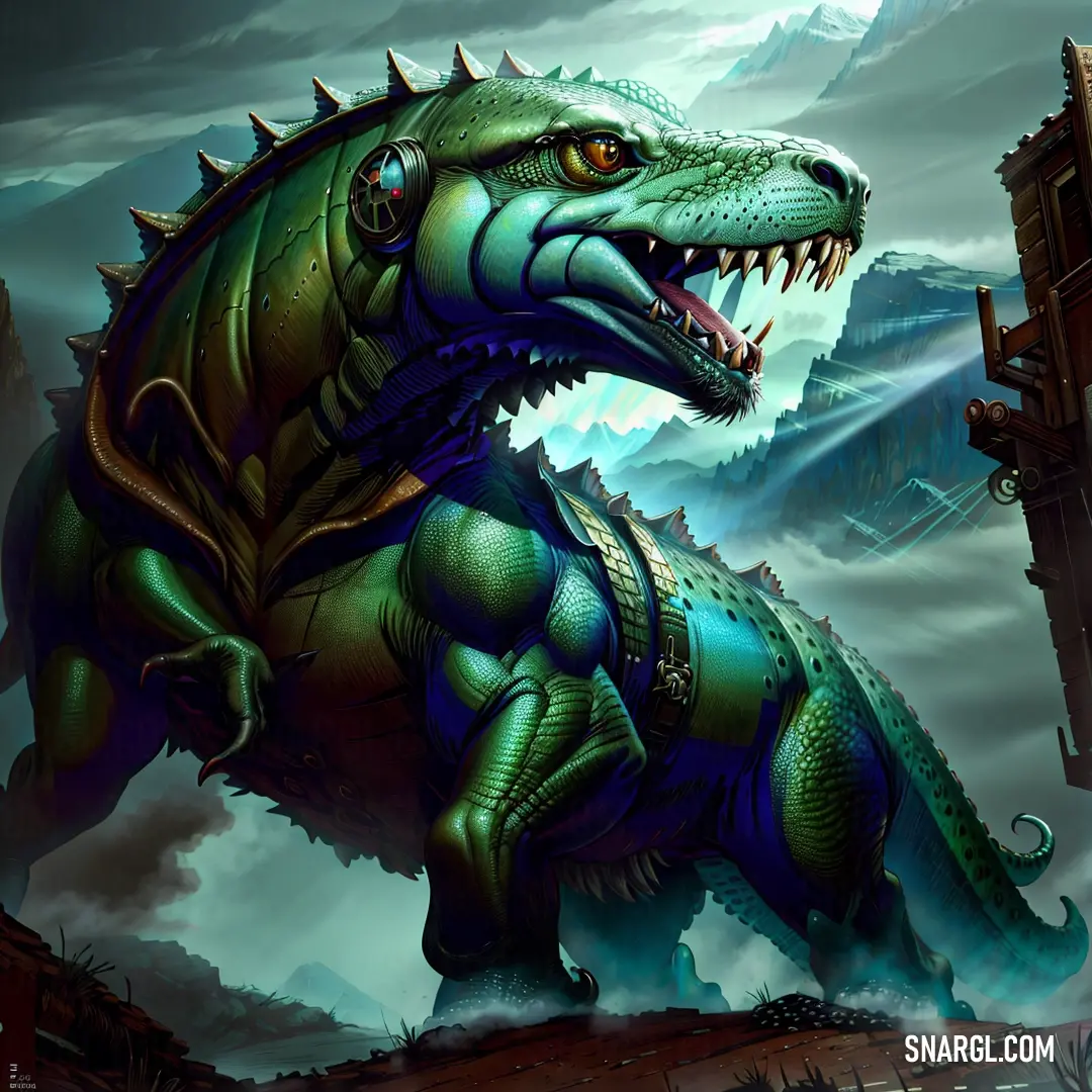 Green and black dinosaur with a large mouth and sharp teeth standing in front of a cloudy sky with mountains