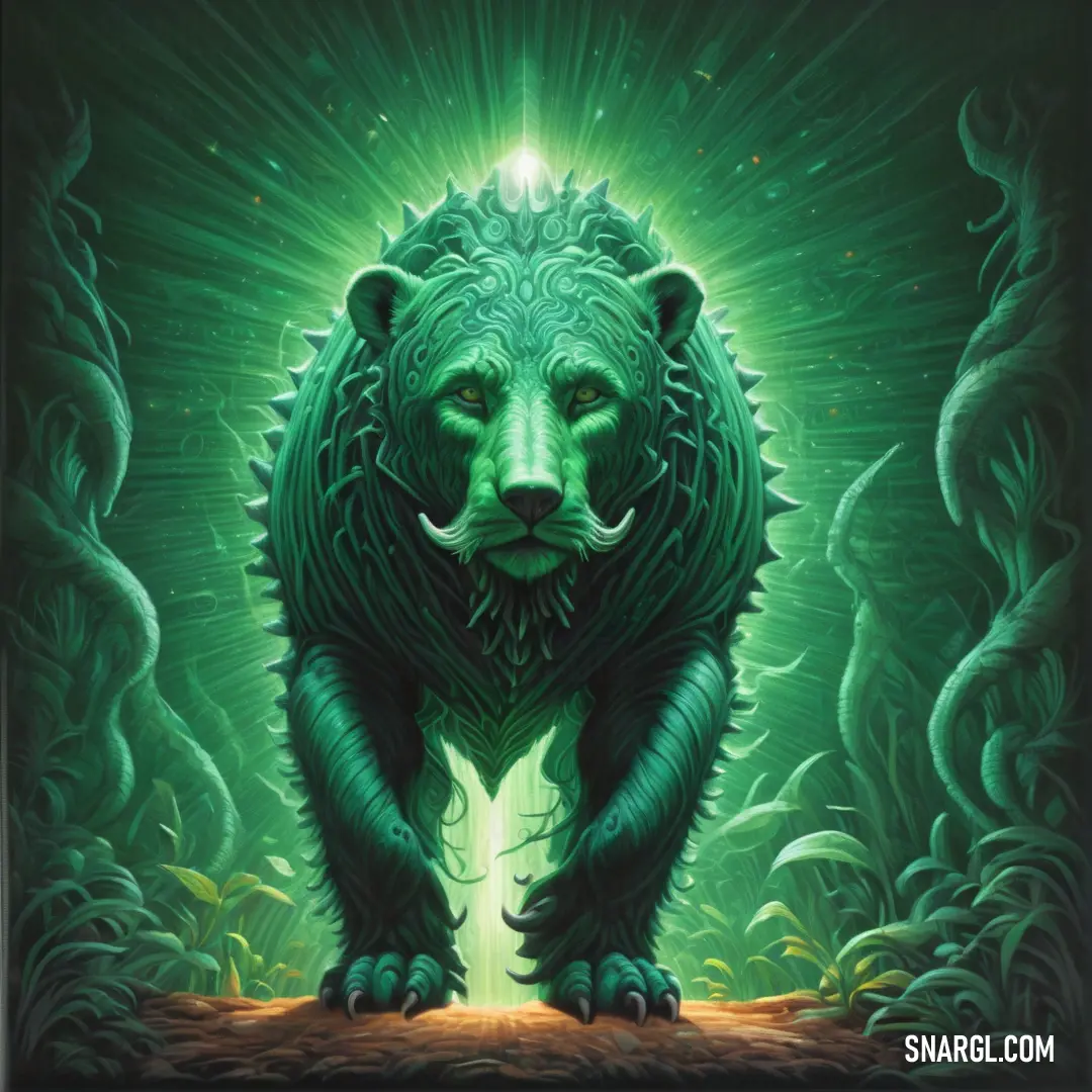 Green bear with a glowing light coming from its mouth and eyes. Color RGB 64,130,109.