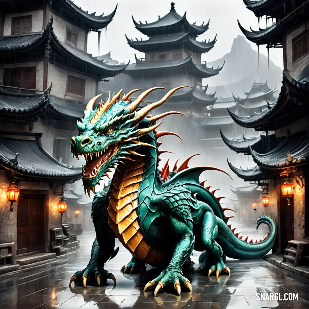Viridian color. Green dragon statue in front of a building with lanterns on it's sides and a sky background
