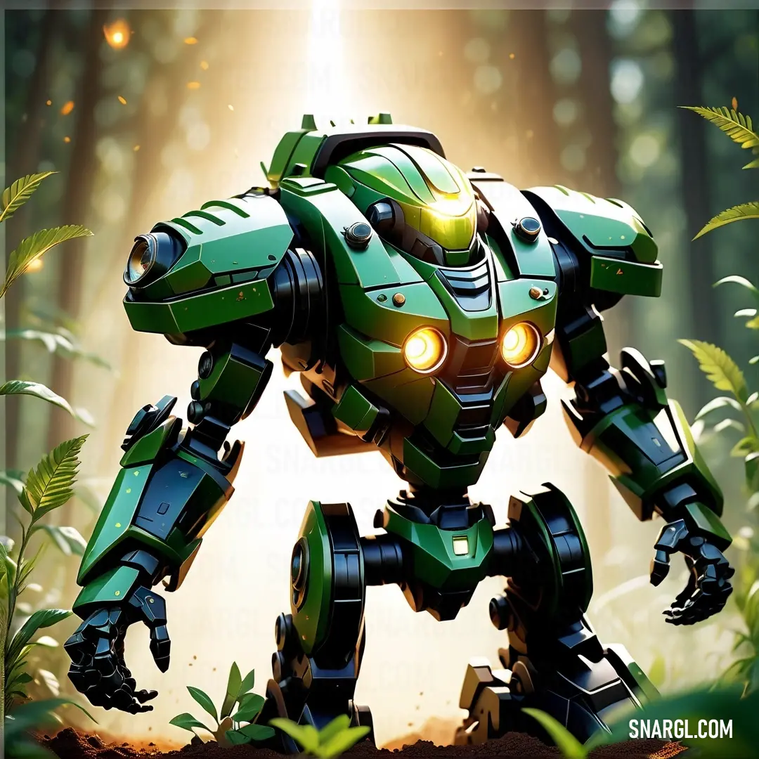 Viridian color example: Green robot with glowing eyes standing in the woods with a light shining on it's face and arms