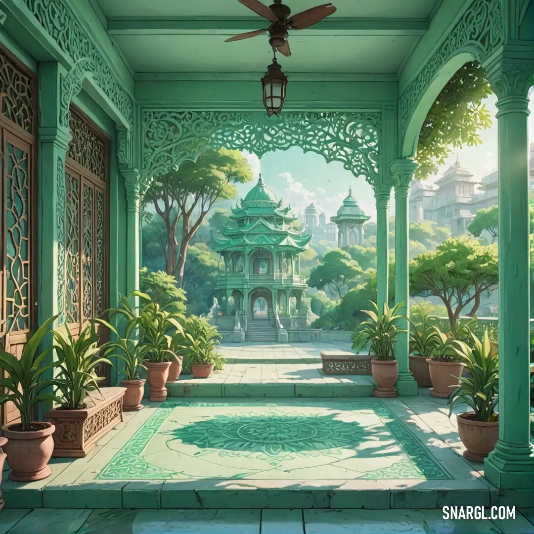 A serene courtyard featuring a ceiling fan, surrounded by a green building with a pagoda and lush greenery. Potted plants add color and life to this tranquil setting, creating a harmonious and peaceful atmosphere.