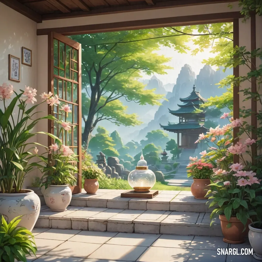 A serene garden featuring lush greenery, blooming flowers, and a beautiful pagoda standing tall in the background. The soft tones of the garden’s colors reflect tranquility and peace, inviting a moment of quiet reflection.