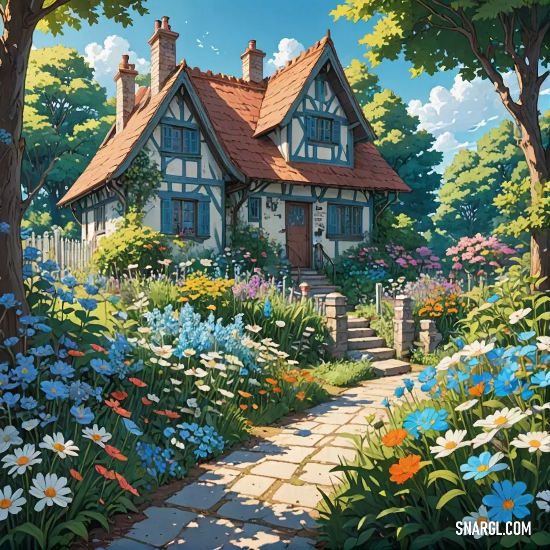 A charming house surrounded by colorful flowers and lush trees, with a stone pathway leading to the front door. The peaceful ambiance is enhanced by the soft, natural colors of the setting.