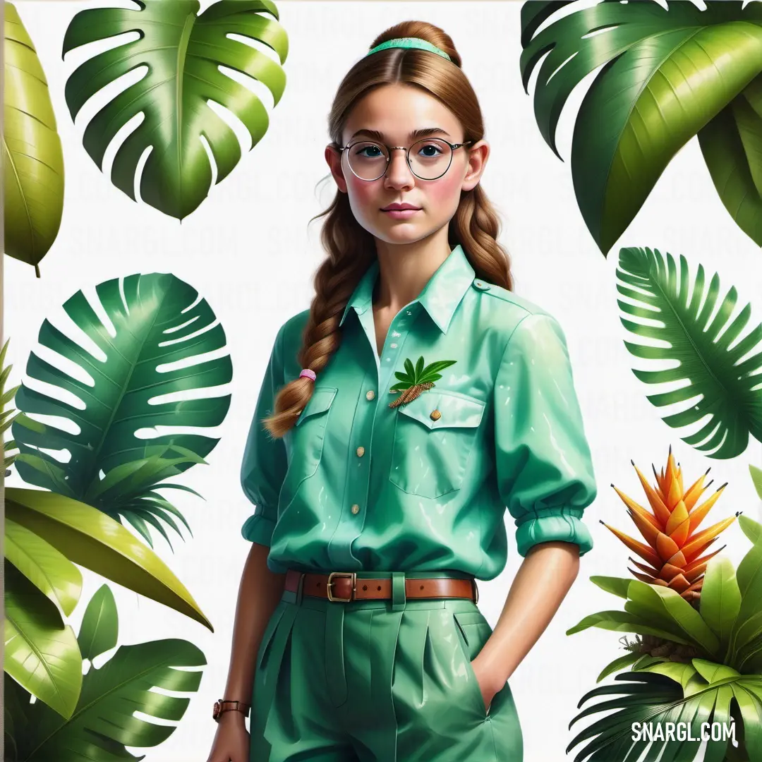 Painting of a woman in a green shirt and green pants with a green plant behind her and a white background. Color Viridian.