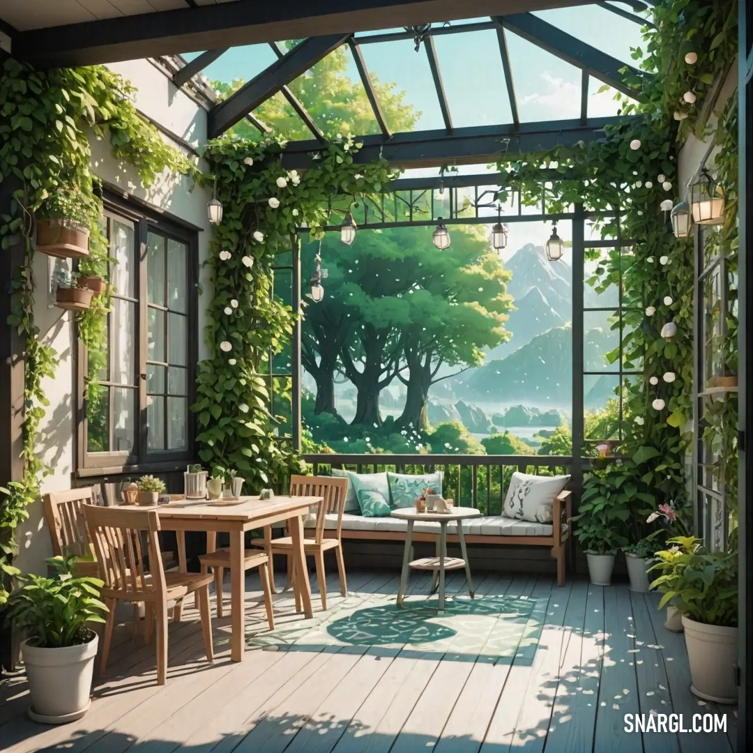 A cozy room filled with a table and chairs, with a large window offering a view of a tree outside. A bench is placed beneath the window, creating the perfect spot to relax and enjoy nature's view in soft CMYK tones.