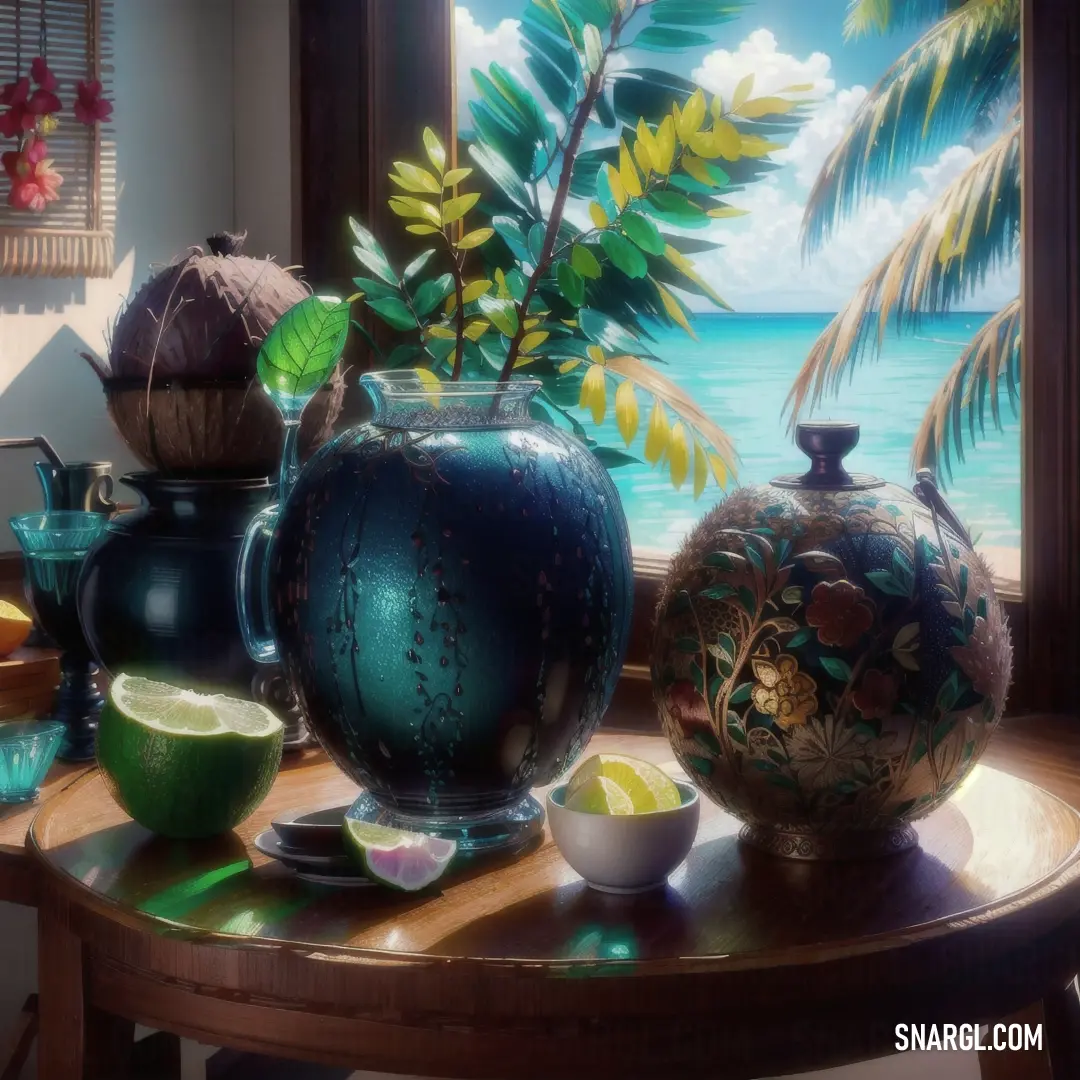 Table with a vase and a bowl on it with a view of the ocean and a beach through the window