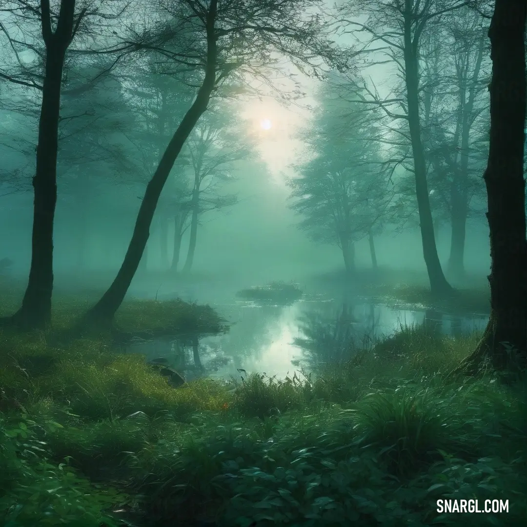 Foggy forest with a pond and trees in the foreground. Example of Viridian color.