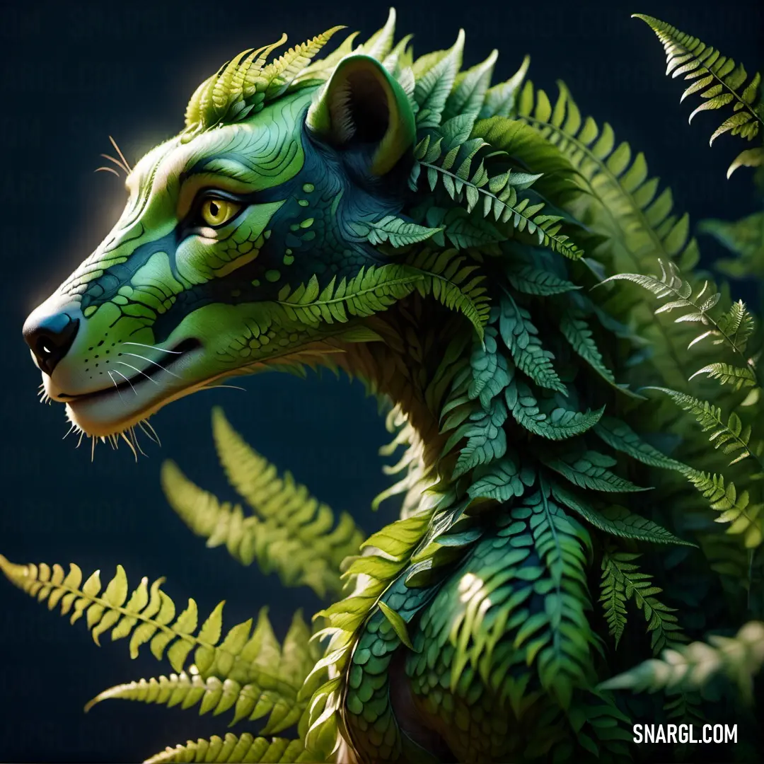 Green dragon statue with a black background. Example of #40826D color.