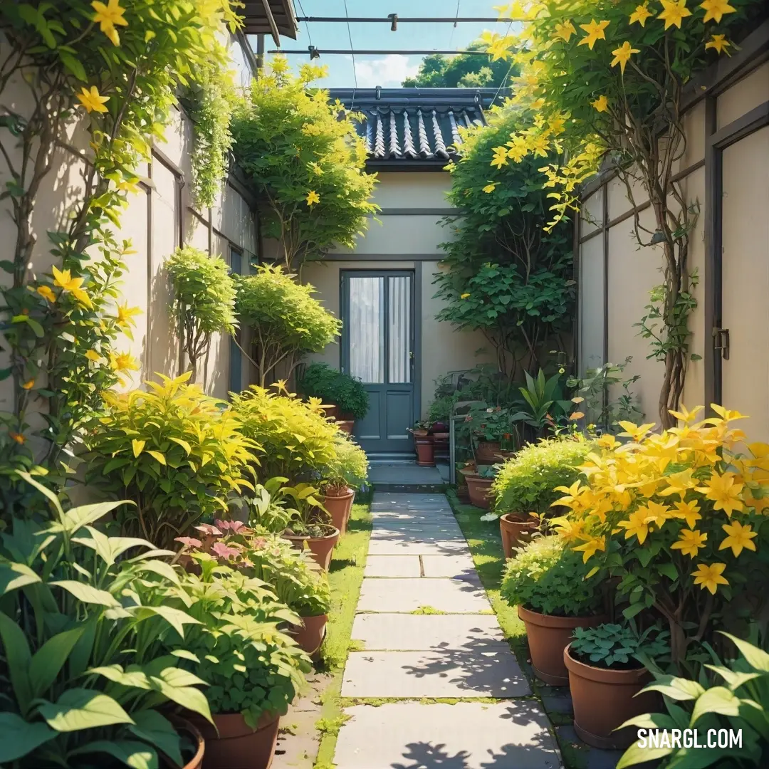 A narrow walkway bordered by potted plants and flowers, leading to a small door and window. The calming green tones of the scene create a peaceful and inviting atmosphere.