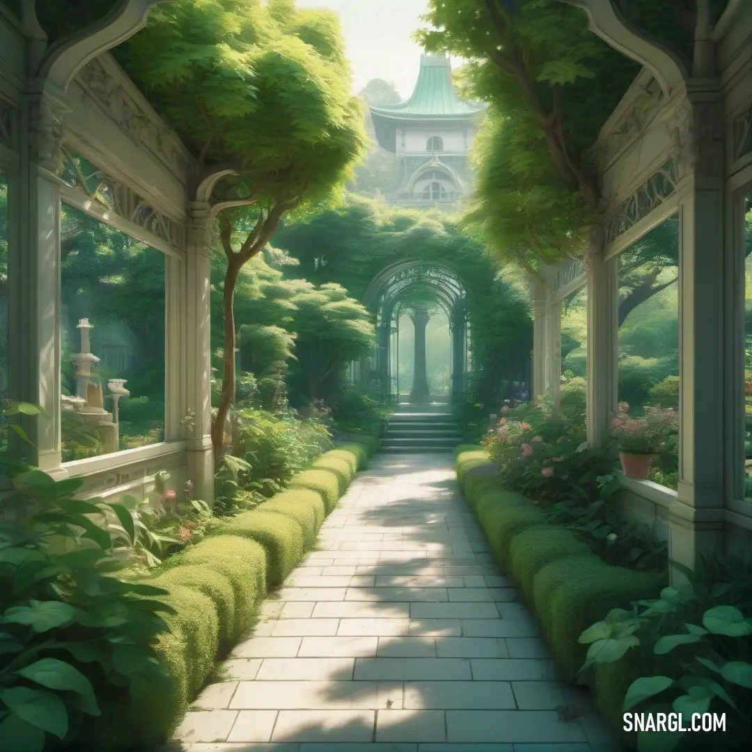 A beautiful garden path winds its way towards a stunning building with a tall clock tower in the distance. The scene is painted in soft viridian tones, creating a calm and natural atmosphere.