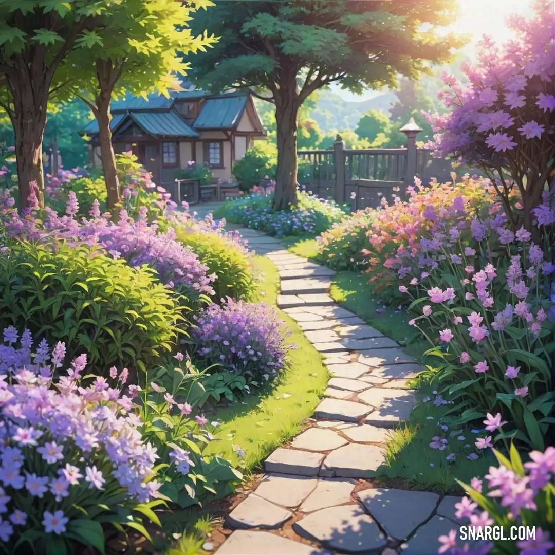 A delightful garden path adorned with colorful flowers leads towards a quaint house, complete with a charming gate in the background. The soft viridian tones bring a sense of serenity to this peaceful retreat.