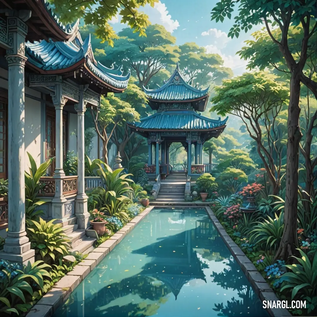 A beautiful garden featuring a tranquil pond, with pagodas gracefully placed in the background. The soft, calming colors of the scene create a serene and peaceful atmosphere, perfect for quiet reflection.