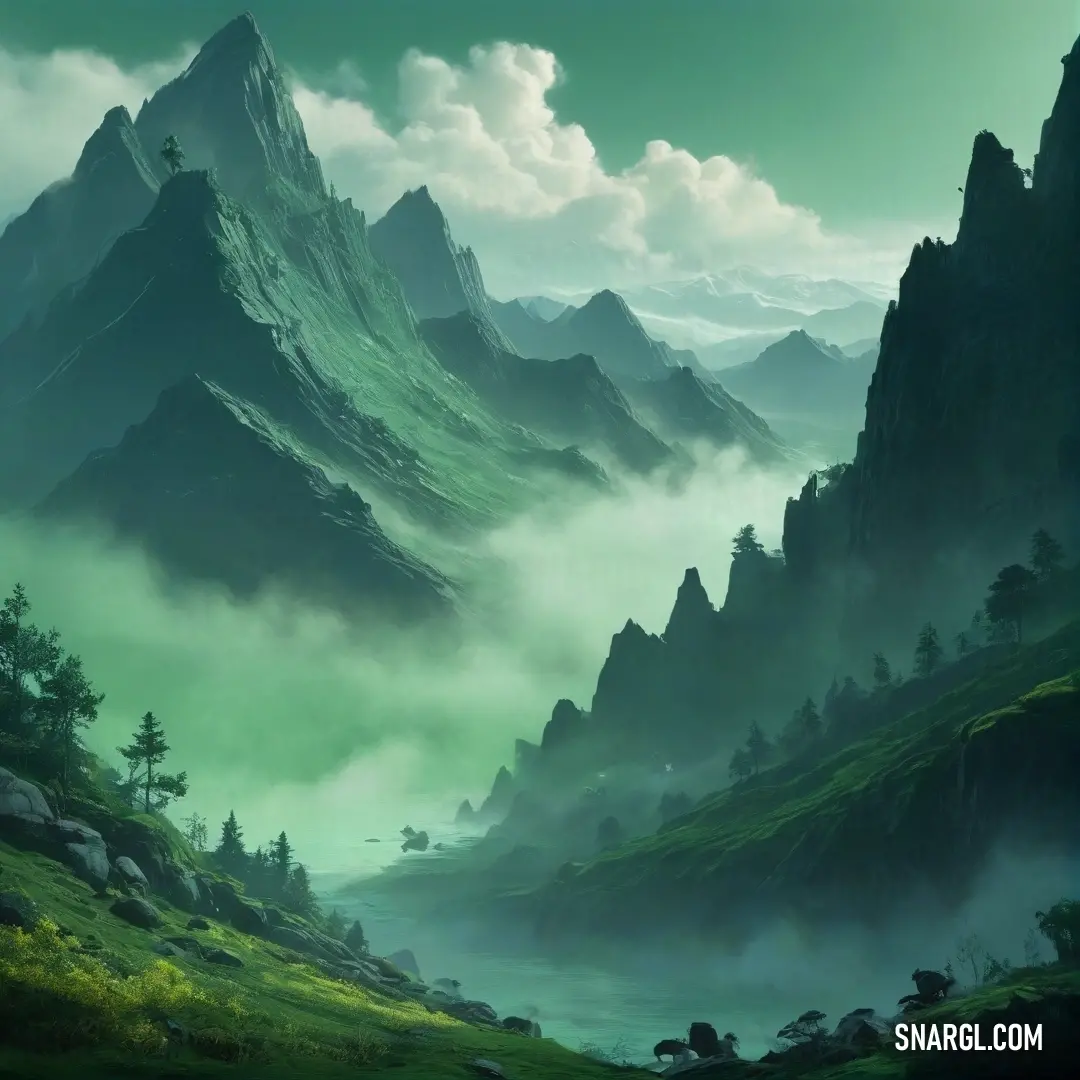 Painting of a mountain range with a river running through it and fog in the air above it. Color RGB 64,130,109.