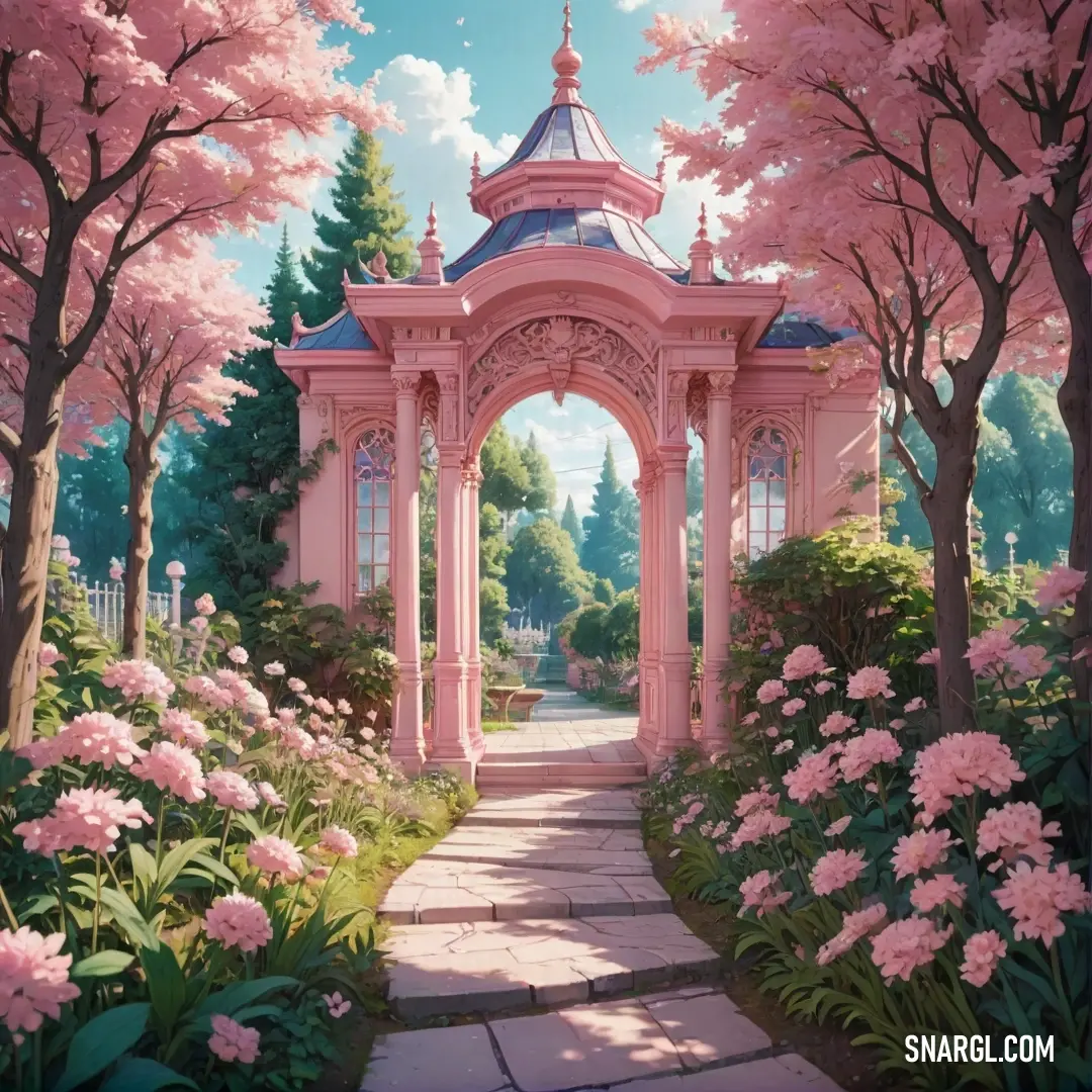 A pink gazebo surrounded by trees and colorful flowers, with a charming pathway leading up to it. The vibrant viridian tones create a lush and inviting atmosphere, perfect for a peaceful retreat.