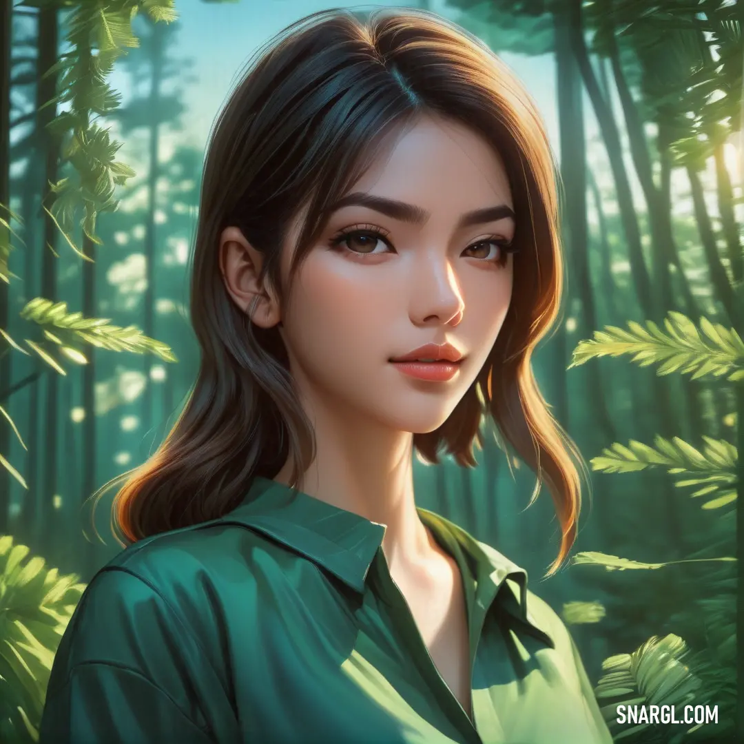 Woman in a green shirt standing in a forest with trees and plants behind her. Color #40826D.