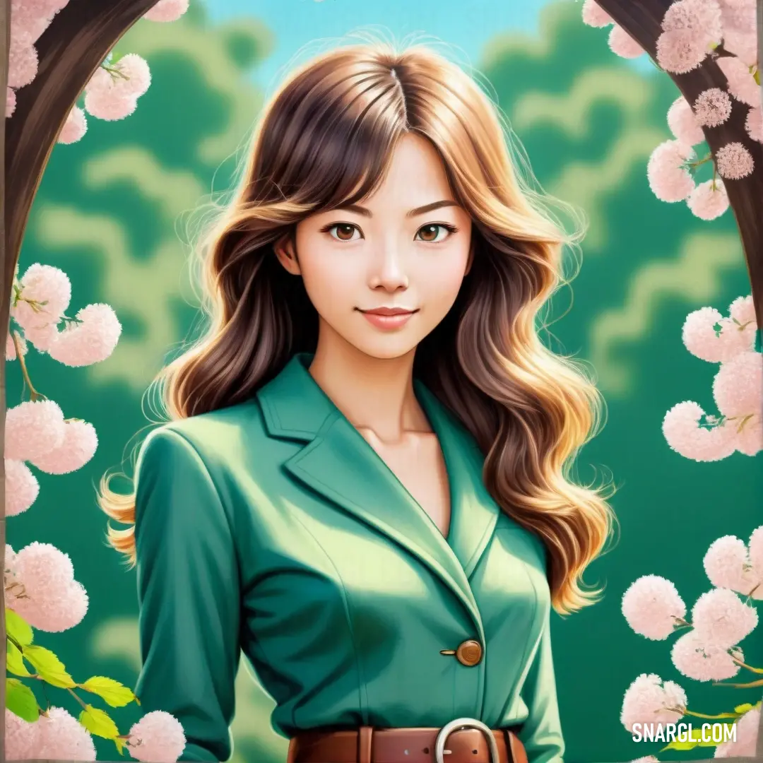 Woman in a green shirt and brown belt standing in front of a window with flowers on it and a sky background. Color RGB 64,130,109.