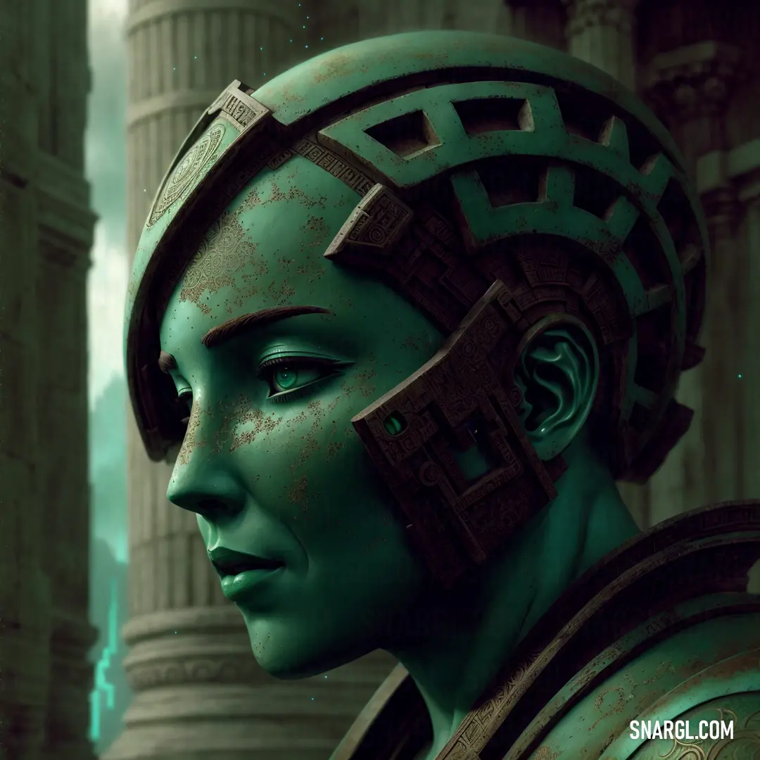 Woman with a green face and a helmet on her head. Example of #40826D color.