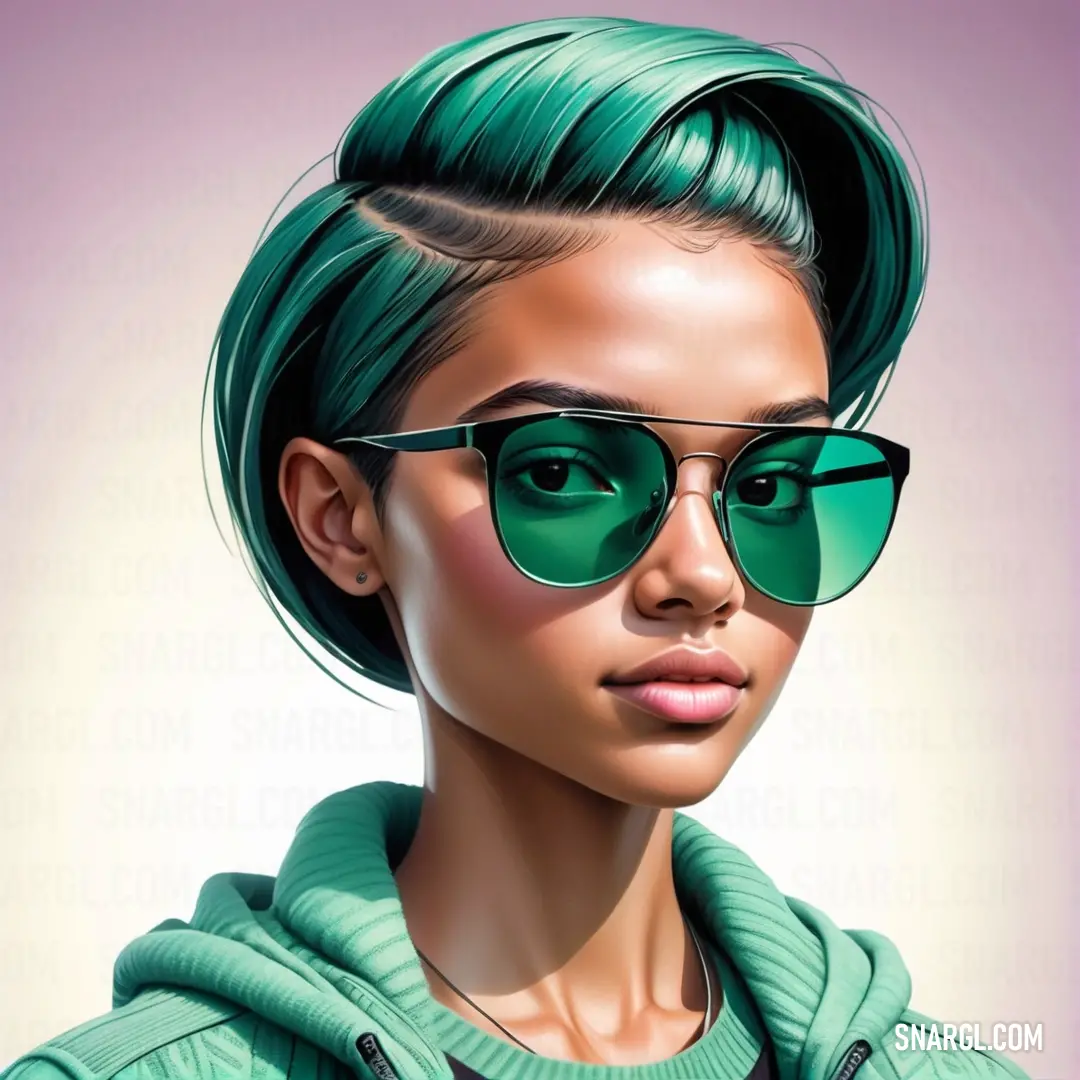Viridian color. Woman with green hair and sunglasses on her face