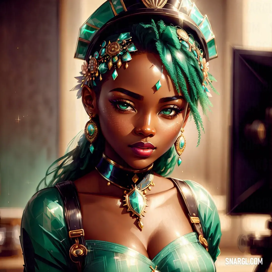 Viridian color. Woman with green hair and a green dress with a green headpiece and a green necklace and earrings