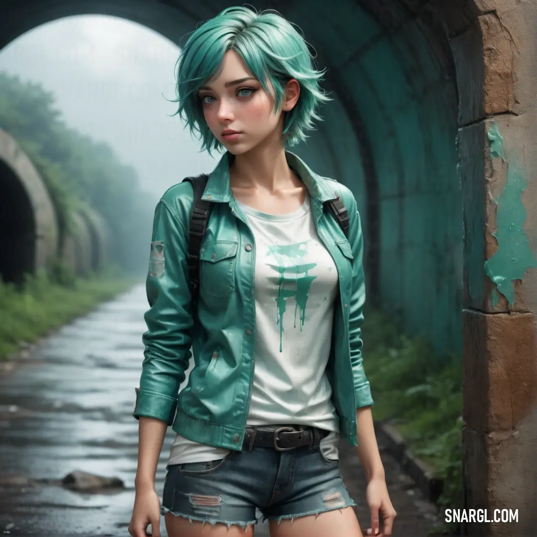 Woman with green hair and a green jacket is standing in a tunnel with a backpack on her shoulder. Example of #40826D color.